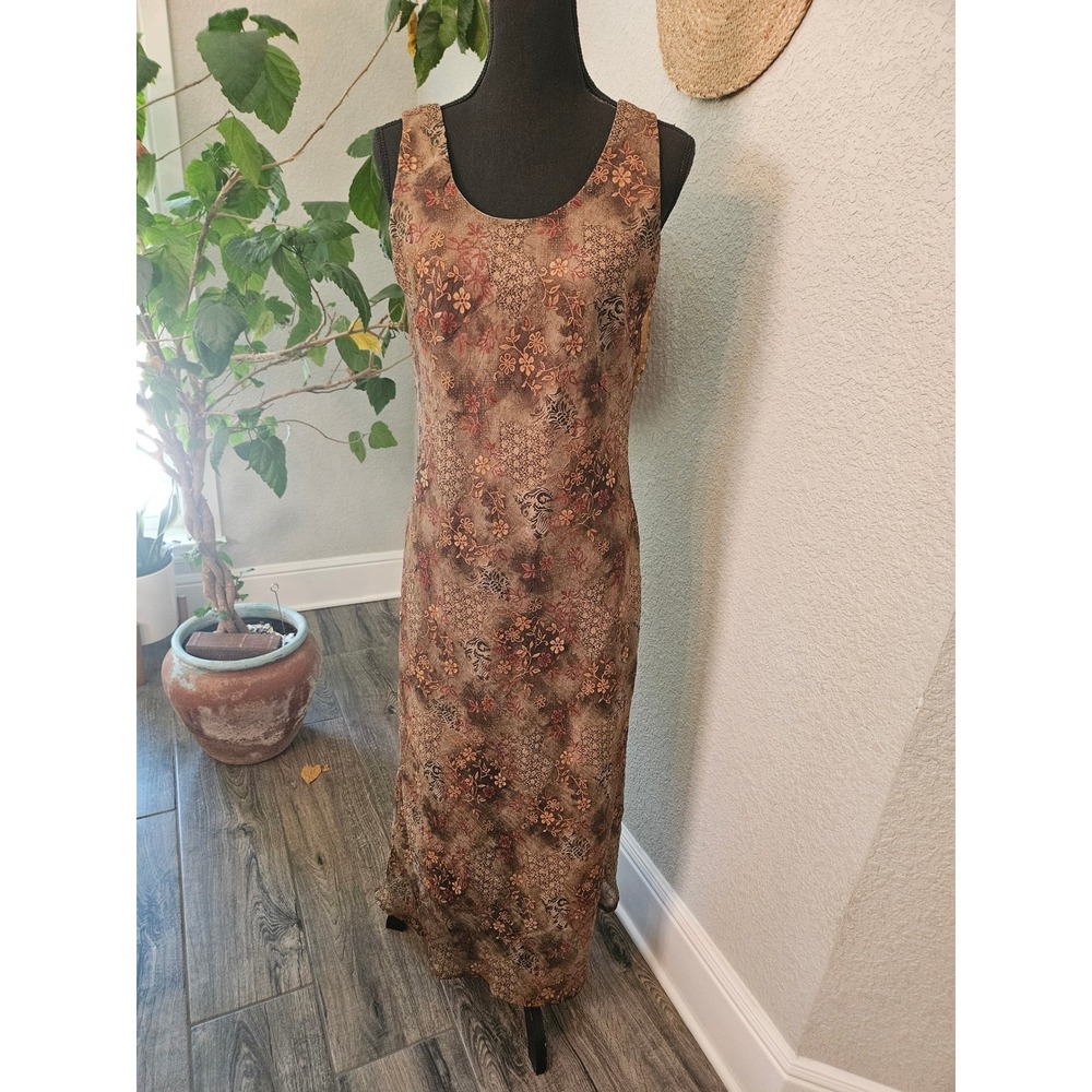 Vintage K Studio Floral Paisley Maxi Dress Brown Green Crinkle Sleeveless 10